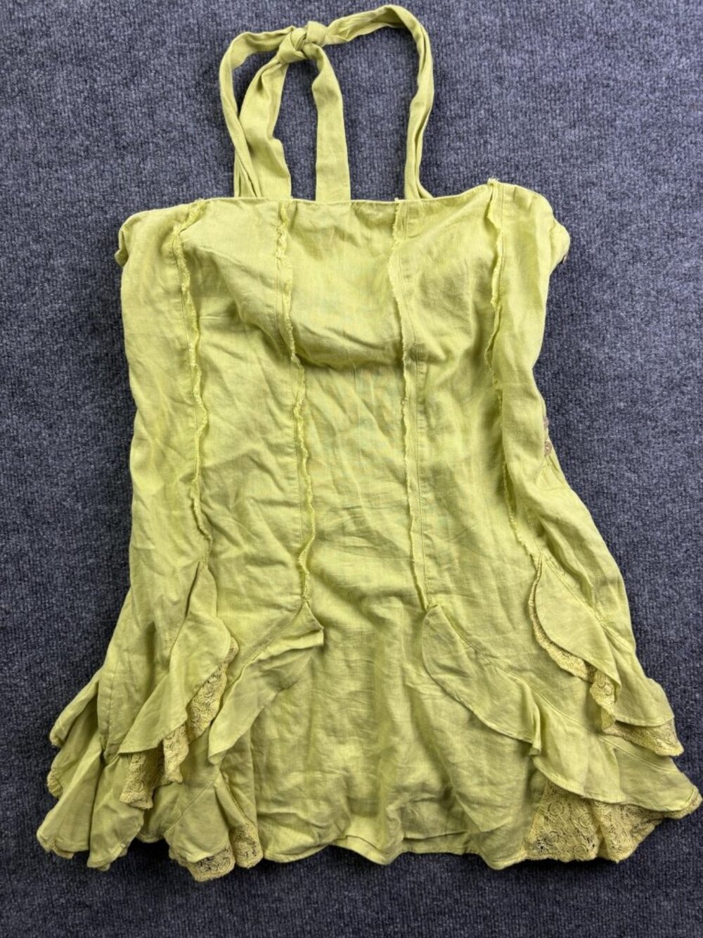Free-est Dress Womens Medium Yellow Halter Ruffle Lace Hem Short Sundress Boho